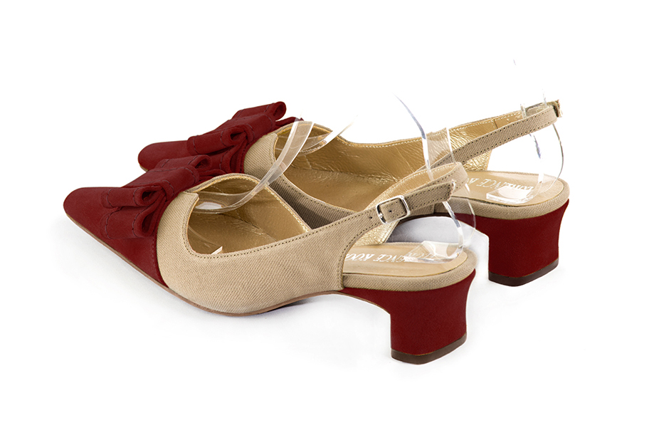 Burgundy red and tan beige women's open back shoes, with a knot. Tapered toe. Low kitten heels. Rear view - Florence KOOIJMAN